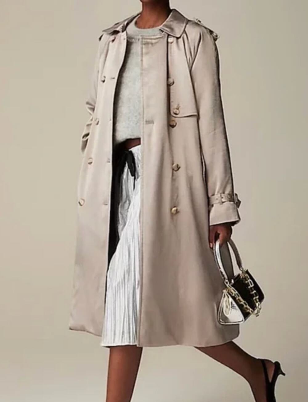 J.Crew Relaxed Trench Coat Satin Crepe Mid Length Silver Gray Insulated US 2 NWT